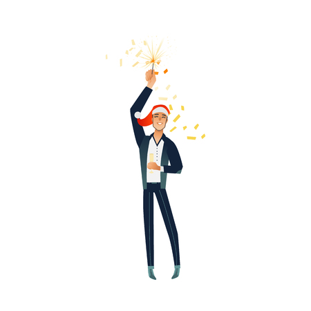 Vector cheerful young man at merry christmas party in corporate clothing and xmas hat holding champagne glass, sparkler having fun smiling. Happy office worker, male manager at holiday event.のイラスト素材