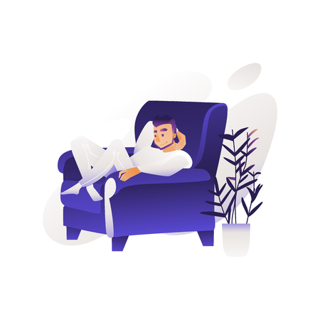 Young man sitting on armchair smiling having rest, relaxing after work or education on abstract floral elements background. Cartoon male character resting outdoors. Vector isolated illustrationのイラスト素材