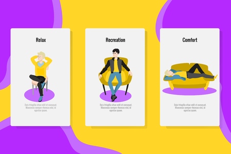 Poster template with young men sitting at armchair, chair and lying at sofa smiling having rest, relaxing after work or education. Cartoon guy resting in comfortable cozy furniture Vector illustrationのイラスト素材