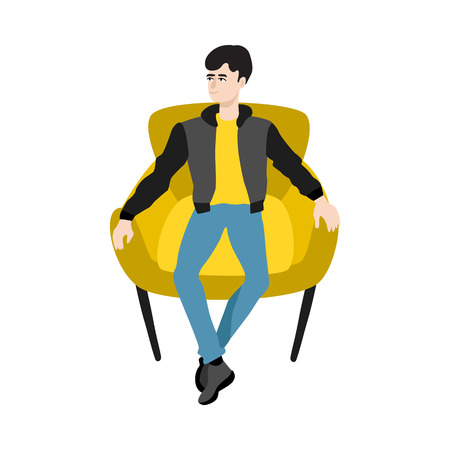Young man in jacket sitting at armchair smiling having rest, relaxing after work or education. Cartoon guy resting in comfortable cozy furniture. Vector isolated illustrationのイラスト素材