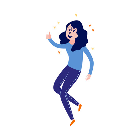 Pleasure and enjoyment concept with delighted caucasian woman with like gesture isolated on white background - flat vector illustration of young smiling girl flying with positive emotions.のイラスト素材