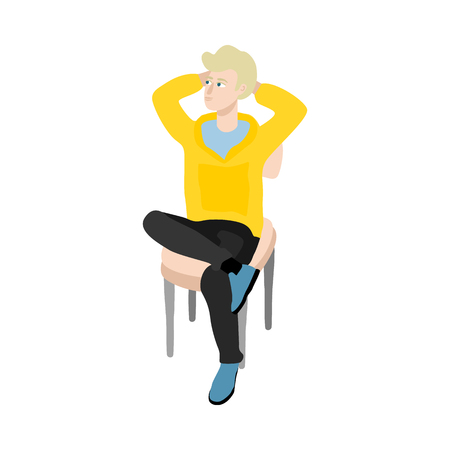 Young blonde man in yellow sweater sitting at chair smiling having rest, relaxing after work or education. Cartoon guy resting in comfortable cozy furniture. Vector isolated illustrationのイラスト素材