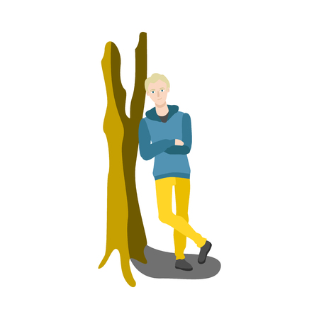 Young blonde man in green jacket leaning at tree smiling having rest, relaxing after work or education. Cartoon guy resting in comfortable cozy environment. Vector isolated illustrationのイラスト素材