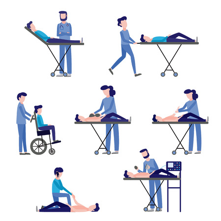 First aid, emergency and medical rescue scenes set. Male, female nurses and doctors doing reanimation, bandaging and helping disabled people on wheelchair. Men, women helping injured patiens vectorのイラスト素材