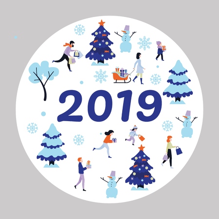 2019 new year, christmas holiday poster with symbols and characters set. Men and women, kids running with present boxes within winter trees with snowcaps, snowman and snowflakes vectorのイラスト素材