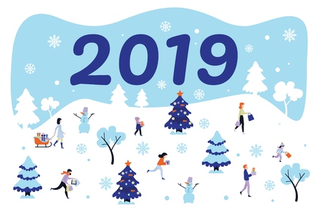 2019 new year, christmas holiday symbols and characters set poster. Men and women, kids running with present boxes, winter trees with snowcaps, snowman and snowflakes vectorのイラスト素材