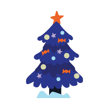 Flat christmas tree with snowcaps. Winter holidays, new year xmas traditional decoration design element. Forest nature fir or spruce tree with snow. Vector illustrationのイラスト素材