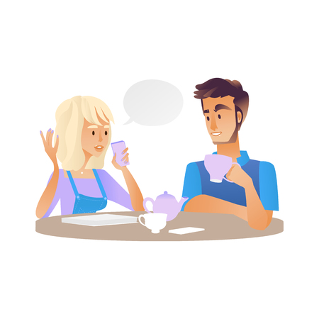 Vector young man and woman talking sitting at table with coffee or tea cups holding smartphone with empty speech bubble in cafe, restaurant or home. Dating, friendly meeting and communicationのイラスト素材