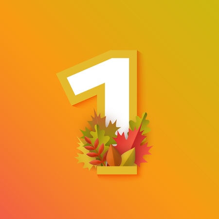 Vector autumn one number 1 with forest leaves on orange background. Seasonal typography symbol illustration with floral maple oak tree leaves, thanksgiving holiday signのイラスト素材