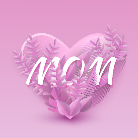 Vector mom inscription on purple leaves abstract pattern in heart shape frame on pink background. Floral, vintage template for mother day holiday invitation design decoration.のイラスト素材