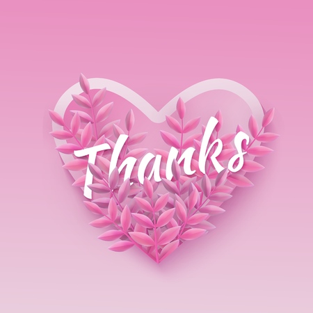 Vector illustration of Thanks word pink natural design with white word in heart shaped frame surrounded by plant leaves on tender gradient background - elegant floral design for gratitude card.のイラスト素材