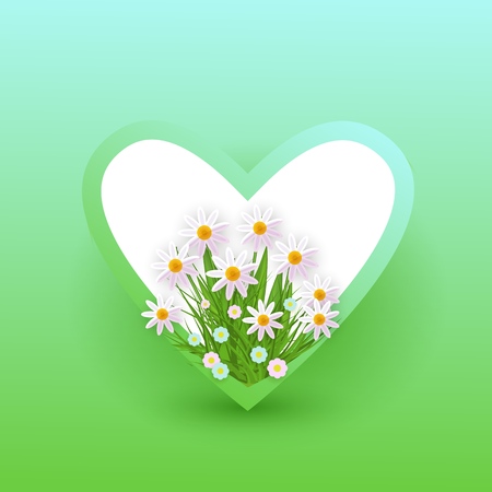 Vector green leaves, meadow flowers - daisy, chamomile abstract pattern in heart shape frame on green background. Floral element for summer, spring floral design. Hand drawn plants for decoration.のイラスト素材