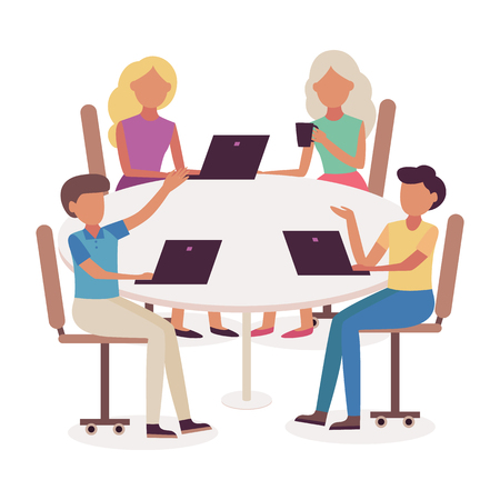 Business meeting vector illustration with team of young men and women brainstorming and discussing tasks at conference table with laptops in flat style isolated on white background.のイラスト素材