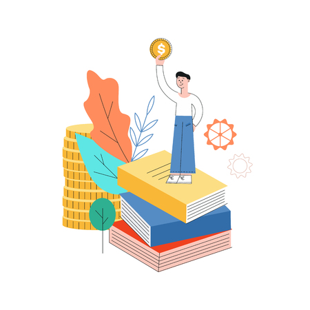 Vector business success concept with man with golden coin standing at big books pile on the background of abstract florals, gear and huge gold coins column. Flat illustrationのイラスト素材