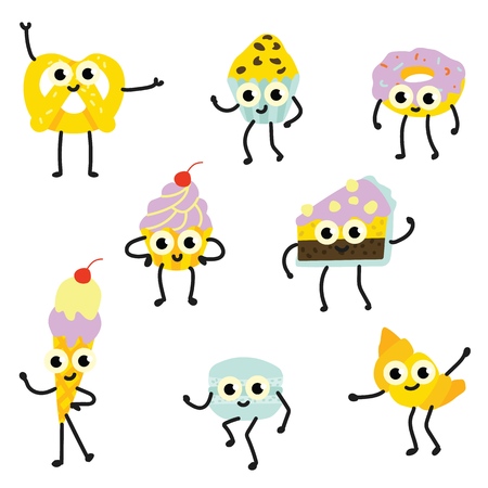Vector sweet funny humanized character with legs, arms and facial expressions set. Delicious doughnut, macaroni pancake croissant pretzel dessert smiling for restaurants, cafe kids menu designのイラスト素材