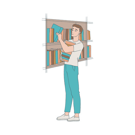Vector illustration of man in library in sketch style - hand drawn boy standing near bookshelf and choosing literature to read isolated on white background for education or literary leisure concept.のイラスト素材