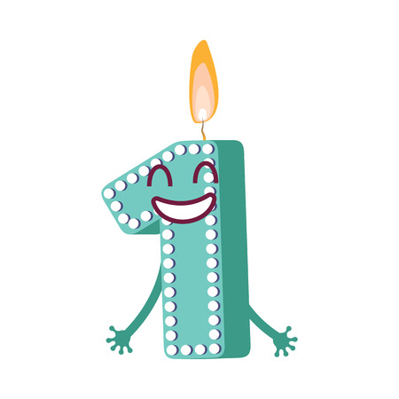 Cute birthday candle number one 1 character with flame at his head. Typographic humanized symbol with hands, arm and face emotions. Kids birthday holiday party font sign. Vector illustrationのイラスト素材