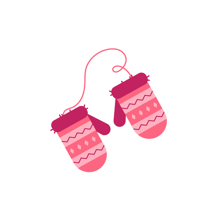 Cute red knitted mittens with abstract christmas print icon. Cold weather, winter outdoor leisure activity cloth with traditional ornament. Vector isolated illustration.のイラスト素材