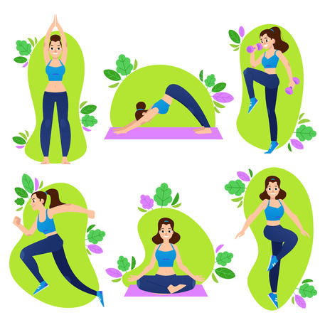 Sports woman vector illustration set with young girl in sportswear doing cardio fitness exercises with weights and practicing yoga - isolated flat female character for healthy and active lifestyle.のイラスト素材