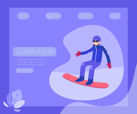 Snowboarder vector illustration - winter sport and active leisure concept with young man in warm clothes and mask snowboarding. Flat male character riding with longboard on hill.のイラスト素材