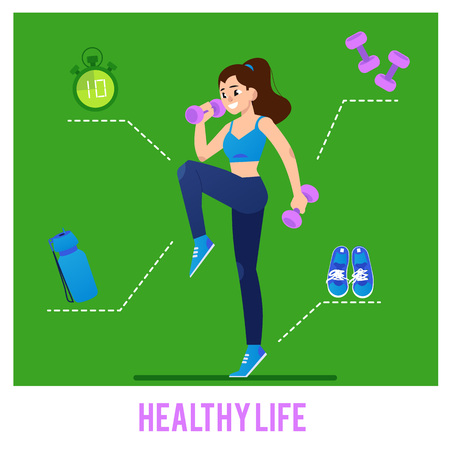 Vector illustration sport equipment infographic with young woman doing fitness exercises with weights isolated on green background and various necessary tools for workout.のイラスト素材