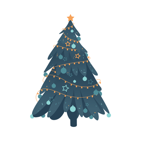 Vector cartoon christmas tree with snowcaps. Winter holidays, new year xmas traditional decoration design element. Forest nature fir or spruce tree with snow illustrationのイラスト素材