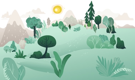 Vector natural landscape background with green grass, abstract trees, plants mountains and grey in sky with bright yellow sun. Summer countryside scenery, outdoor backdrop template.のイラスト素材
