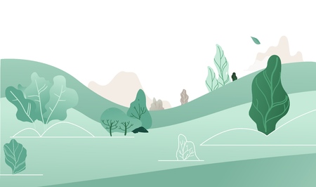 Vector natural landscape background with green grass, abstract trees, plants mountains and grey in sky with falling leaves. Summer countryside scenery, outdoor backdrop template.のイラスト素材