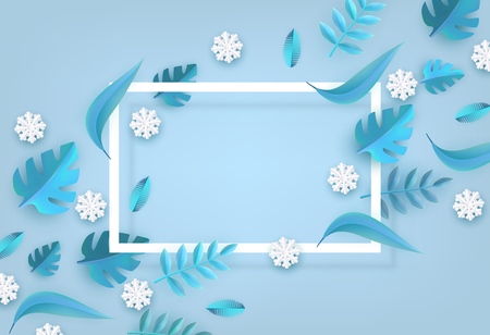 Vector winter background template with abstract fresh green leaves and snowflakes with rectangle frame. New year, christmas holidays wallpaper, layout with seasonal florals and icy snow.のイラスト素材