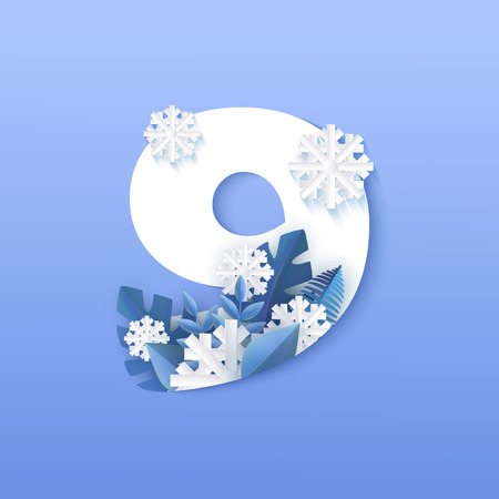 Vector illustration of number nine winter natural design isolated on blue gradient background. White numeral 9 surrounded by blue tree leaves and falling snowflakes in paper art style.のイラスト素材
