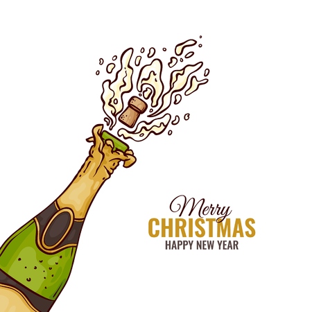 Vector splashing champagne bottle with popping cork, fizz golden bubbles with merry christmas inscription. Holiday celebration template with alcohol drink bottle explosion, cartoon illustrationのイラスト素材