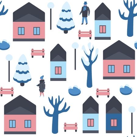Winter cityscape vector illustration seamless pattern with people in warm clothes walking on street with houses and snowy trees on white background - seasonal urban backdrop.のイラスト素材