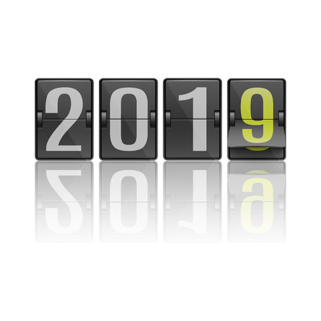 Vector illustration of 2019 new year banner layout with dark flip mechanical timetable with numerals in movement - symbol of coming holiday in realistic style on black background.のイラスト素材