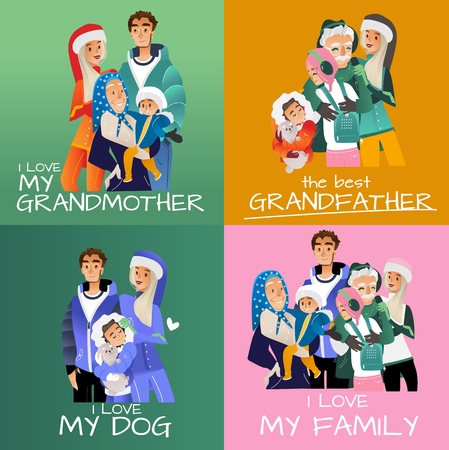 Vector illustration set of family portraits in winter time - various scenes of happy smiling people of three generations and pet standing together and hugging in cartoon style.のイラスト素材
