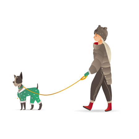 Vector cartoon adult woman in fur coat, long blonde hair walking with dog in costume at winter. Smiling female character walking with puppy pet outdoor at cold weather.のイラスト素材