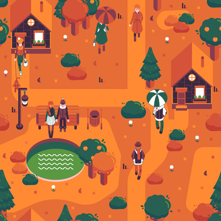Vector autumn city landscape with people walking on streets with umbrella, couple sitting at street bench under streetlight. Countyside background in orange for game level map design or decorationのイラスト素材