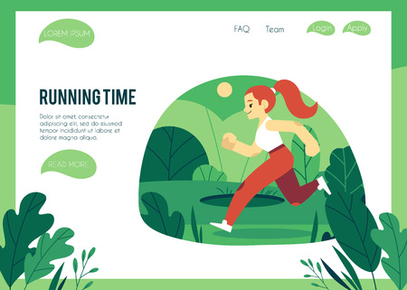 Vector illustration of healthy and sporty lifestyle concept with woman in sportswear running outdoors in trendy flat style on web page template, female character doing cardio training.のイラスト素材