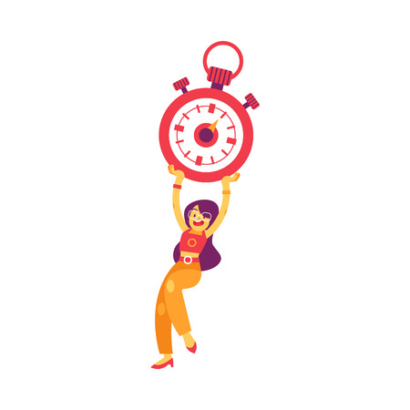 Vector cheerful woman holding big stopwatch above head smiling. Female character and time management symbol. Businesswoman with clock, successful deadline achievement concept. Isolated illustrationのイラスト素材