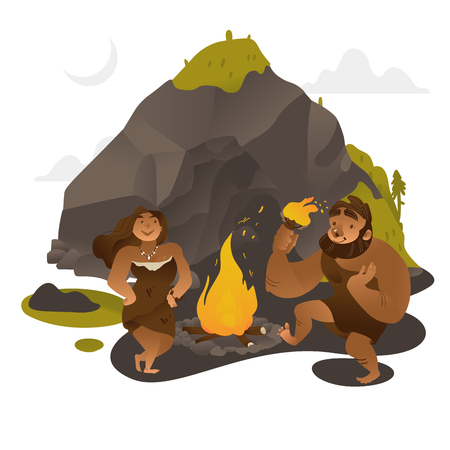 Ancient people dancing around fire near rock in stone age in flat style isolated on white background - vector illustration of prehistoric man and woman dressing in animal pelts near cave.のイラスト素材