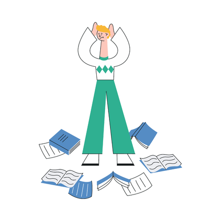 Vector illustration of overworked and tired man standing surrounded by scattered paper documents, books and notebooks on floor and holding head with hands in flat style isolated on white background.のイラスト素材