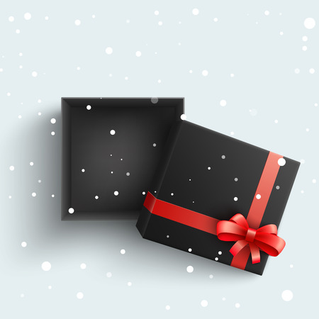 Black present box with red ribbon bow top view. Vector opened surprise package for christmas, birthday celebration design. Boxing day, black friday discounts banners element, snowfall backgroundのイラスト素材