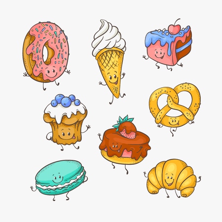 Vector illustration set of cute sweet desserts cartoon characters with funny smiling faces in sketch style - various hand drawn mascots of sweet baked pastries isolated on white background.のイラスト素材