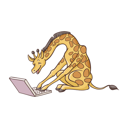 Vector illustration of cute child giraffe with laptop isolated on white background - hand drawn adorable african wild animal looking at laptop screen with smile and typing.のイラスト素材