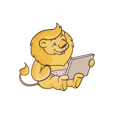 Vector illustration of cute child lion sitting with laptop isolated on white background. Hand drawn adorable african wild animal with mane looking at laptop screen with smile.のイラスト素材