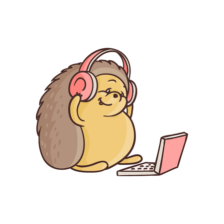 Cheerful hedgehog sketch animal sitting at floor in headphones typing at laptop. Cute pets characters and modern computer technologies and communication. Vector cartoon illustrationのイラスト素材