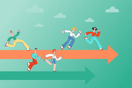 People running along arrows indicating correct direction of advance on horizontal banner in flat style - vector illustration of men and women moving forward to goal achievement.のイラスト素材