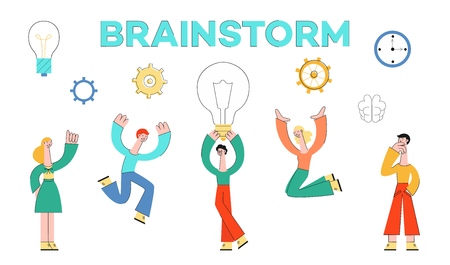 Vector brainstorm concept characters set. Business people developing business plan, marketing campaing. Male female creative characters holding big light bulb discussing with colleagues with cogwheelsのイラスト素材