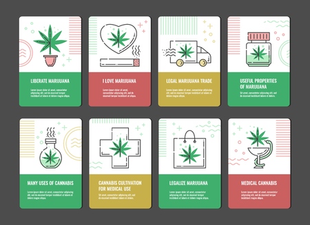 Vector illustration set of marijuana consumption and legalization vertical banners with line icons of cannabis leaf -concept of medical use and legal growth and trade of sativa.のイラスト素材