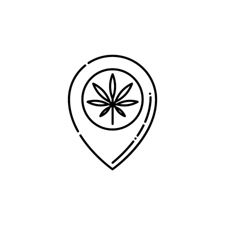 Pinpoint with marijuana leaf inside line icon - thin outline symbol of pointer showing location of cannabis store in isolated vector illustration for weed consumption concept.のイラスト素材
