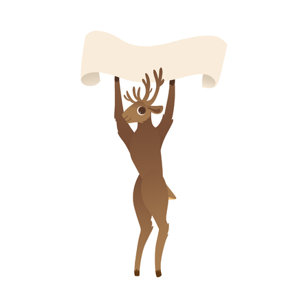 Vector illustration of reindeer holding blank scroll paper with two hands over his head isolated on white background - cute horned animal with copy space on sheet in flat cartoon style.のイラスト素材